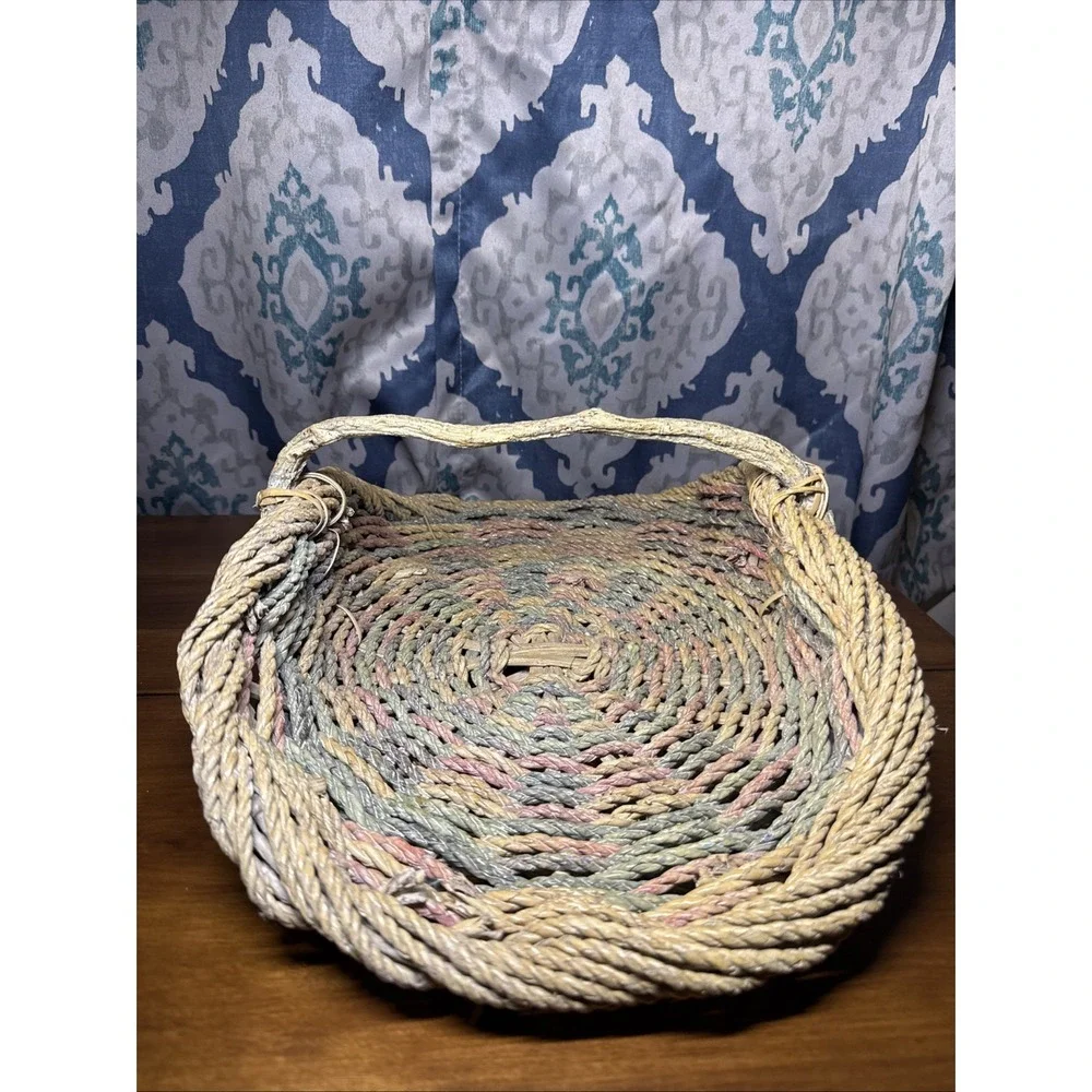 Vintage Rope Gathering Basket‎ Large Distressed Branch Handle Pastel Colors